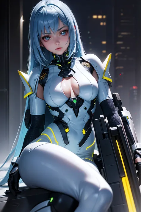 top-quality、​masterpiece、超A high resolution、(Photorealsitic:1.4)、Raw photo、女の子1人、Light blue hair、Straight hair, shiny and clean hair、head gear、White shiny skin、Sexy Cyberpunk Girl、((super realistic details))、portlate、Shadow、octan render、ultrasharp、hugetits...