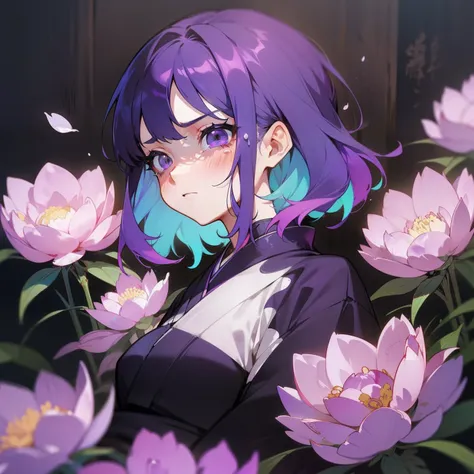 （Beautifully Aesthetic:1.2)、(1girl in:1.3)、(Colorful hair in white and purple:1.2)、irate、wrath、solitude、natta、Black and purple kimono、peony flower、Peony flowers bloom profusely、shed tears、Top image quality、Landscape painting、A black、murky、The Darkness