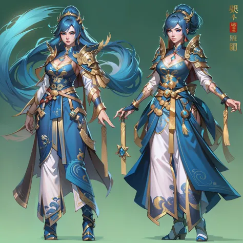 Close-up of a short woman in her 30s, Blue eyes and navy blue hair, Wearing a blue and black dress dress, Blue-eyed Chinese queen, Female swordsman, China Princess,Xian Xia whole body, Standing in a Chinese temple, new costume concept design, In the style ...