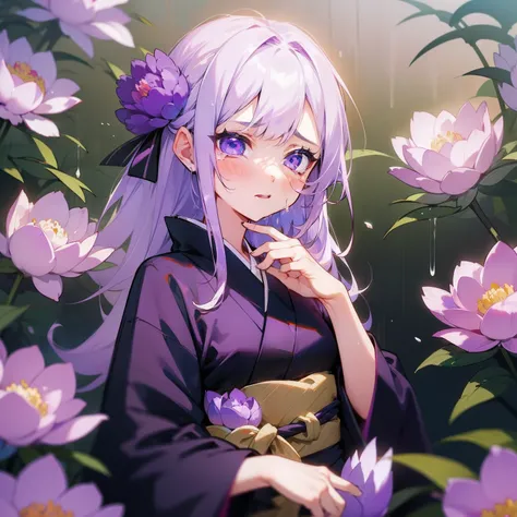 （Beautifully Aesthetic:1.2)、(1girl in:1.3)、(White and purple hair:1.2)、irate、wrath、natta、Black and purple kimono、peony flower、Peony flowers bloom profusely、shed tears、Top image quality、Landscape painting、A black、The Darkness、