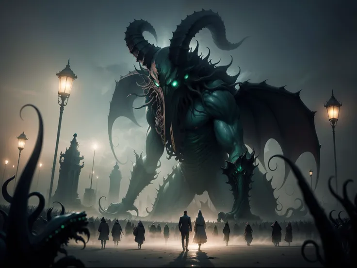 Night parade of hundreds of demons, Cthulhu, The squid-headed god and the sprawling limbs of H . P. Lovecraft surrounded by the night parade of hundreds of extremely frightening demons, Overall view, de l’incroyable Night Parade of a Hundred Demons. sur un...