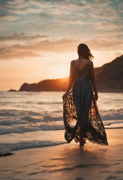 Slender girl in lace dress on the seashore on the sand behind sunset