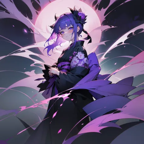 Beautiful and aesthetic evening、Lonely girl who stood with colorful white and purple hair fluttering。The black and purple kimono she wears is、Like a richly blooming peony flower、It symbolized despair and sadness。With tears in my eyes、There was anger and an...