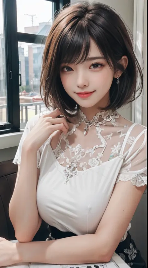 tmasterpiece，top-quality，超高分辨率，（photograph of-realistic：1.4），（（1个Giant Breast Girl，Fair skin：1.4，Look up at the viewer，19years old，prette，adolable，brunette color hair，Bob_cut，cabelo curto com franja）），A girl with a perfect figure，Wide sheer lace top，cowboy...