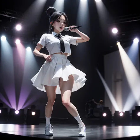 Danielle marsh, k-pop idol on stage, singing, black hair, bun hair style, black neck collar, white shirt, gray skirt, white shoes, white socks,