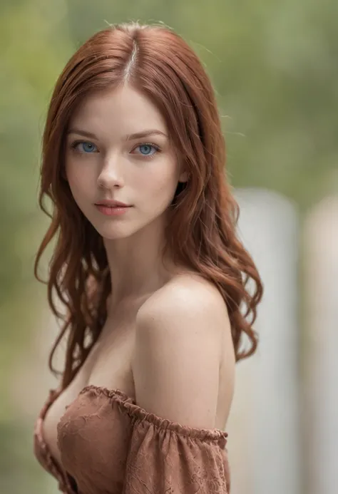 reddish brown hair girl, blue eyes, beautiful, bare full body, (((naked))), small breasts, open legs, on back,