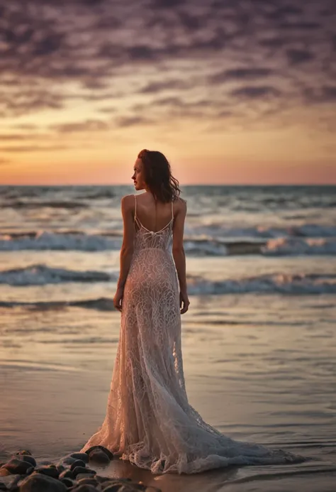 Slender girl in lace dress on the seashore facing the camera behind the sunset