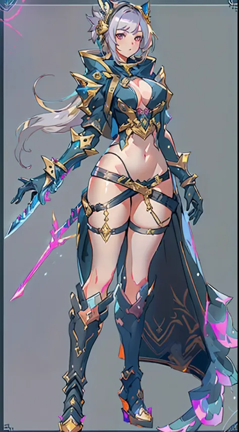 Design a layout showcase Gaming character, ((1girl)), assasin:1.4, Golden+Purple clothes, (big_boobs, big_ass), Black_Desert_style, stylish and unique, ((showcase weapon:1.4)), magic staff, (masterpiece:1.2), (best quality), 4k, ultra-detailed, (Step by st...