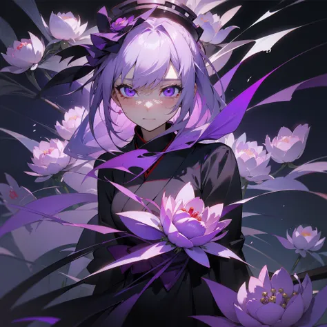 Lonely girl standing with white and purple hair fluttering。Black and purple kimono、Abundantly blooming peony flowers、Symbolizes despair and sadness、With tears in my eyes、Anger in her eyes、The world around her is black、Cold、ruthless、Top image quality、Landsc...