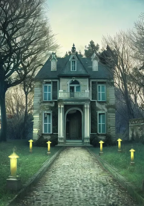 exterior shot of an abandoned villa，eventide，halloween，uncanny，mystical energy in the air，cobblestone paths，tree