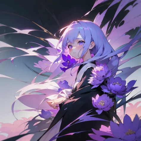 Lonely girl standing with fluttering white and purple hair。Black and purple kimono、Abundantly blooming peony flowers、Symbolizes despair and sadness、With tears in my eyes、There was anger in her eyes.、The world around her is black、Cold、ruthless、Top image qua...