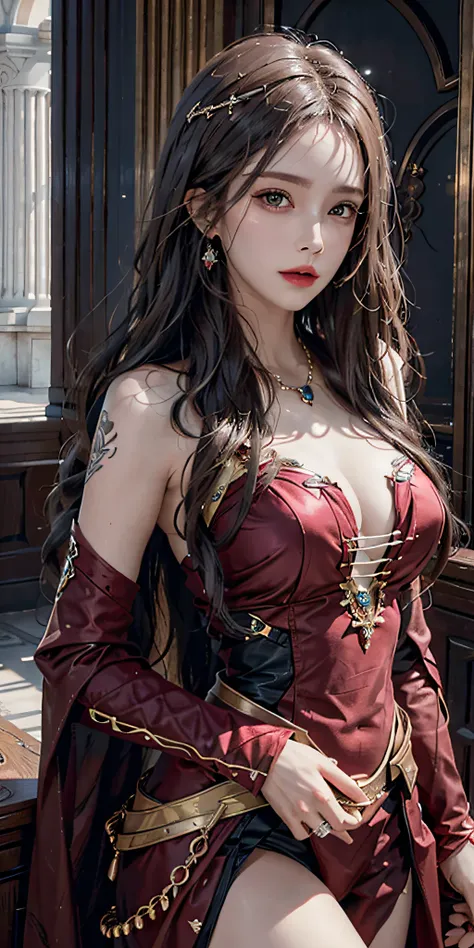 Photorealistic, high resolution, Soft light,1womanl, Solo, Hips up, (Detailed face), jewelry, scarlet witch costume, jewelry, tattoo