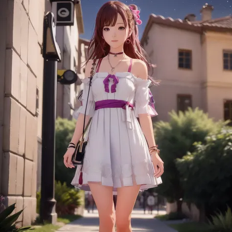 Beautiful anime style girl、Scene of walking on the sidewalk in a short dress、Draw with 3D rendering with a real life feel。 (Translation: Please depict a scene of a beautiful anime-style girl walking on the sidewalk wearing a short dress, rendered in a real...