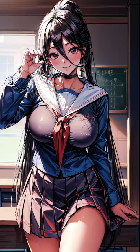 (Hasumi from Blue Archive in her school clothes:1.4), 8k, highres, ultra detailed, (masterpiece:1.4), best quality, symmetrical body, cute, solo, long hair, Black hair, Red eyes, Black wings, glow effect, finely eye, detailed face, looking at viewer, smill...