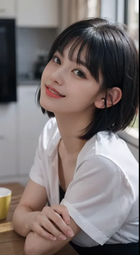 masterpiece, top quality, ultra high resolution, (photorealistic photo: 1.4), ((1 girl, white fair skin: 1.4, looking up at the viewer, 19 years old, pretty, cute, black hair, bob_cut, short hair with bangs)), one girl with a perfect figure, oversized yell...