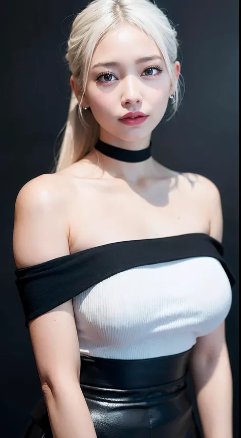 best quality, ultra high res, (photorealistic:1.4), 1girl, off-shoulder white shirt, black tight skirt, black choker, (faded ash gray hair:1), (huge breasts:1.2), looking at viewer, closeup ,