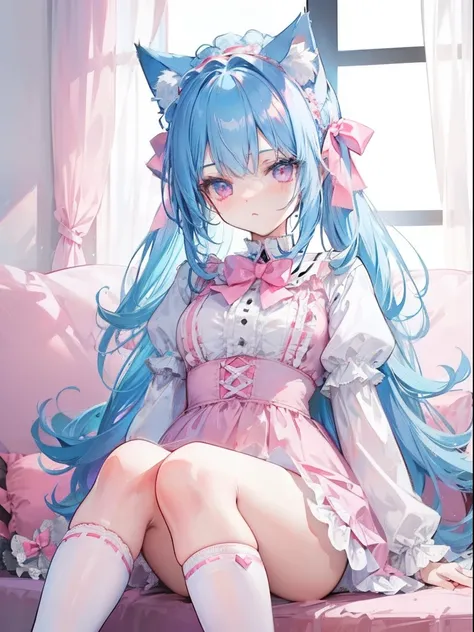 lightblue hair，Cat ears，Pink eyes，Light blue Lolita，White  socks，pink bows，inside in room，sitting in the couch，liveroom