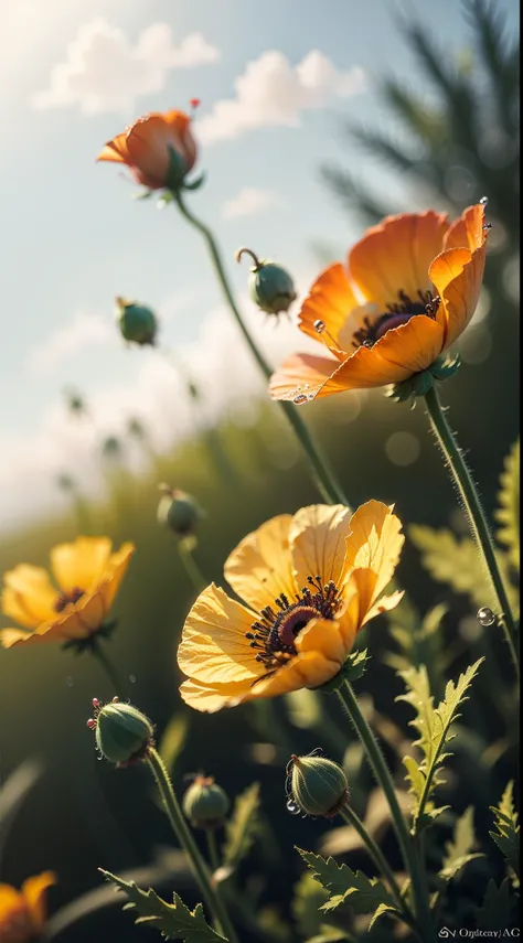 microscopic world , Masterpiece , Macro photography , cobweb, film grain, bokeh , smoke , highly detailed, Bright sunny weather, microflowers, drops, blur, realistic poppy close-up, azure background, octane render