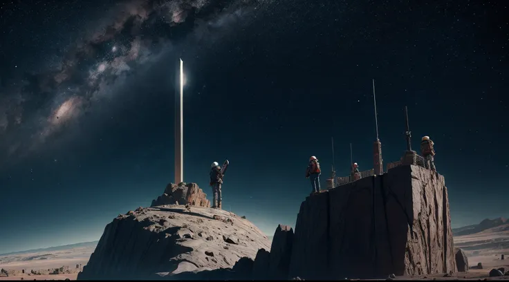 Sleepy designer standing on huge hammer on a giant asteroid、In the midnight Martian sky。