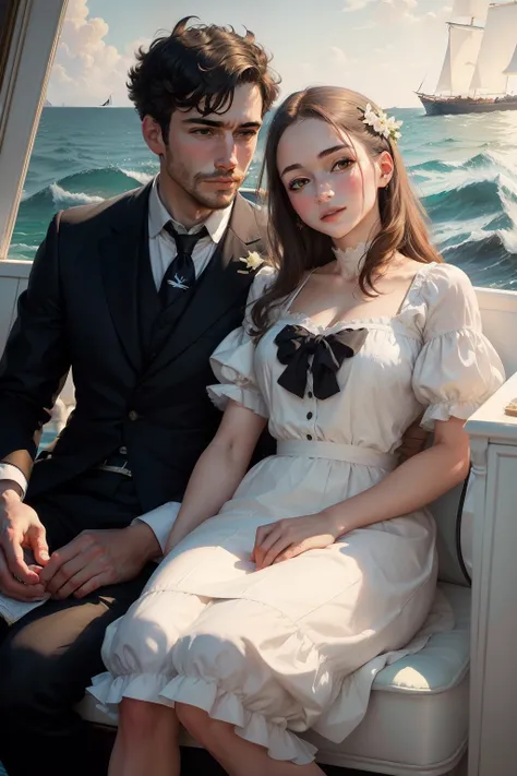 Oil Painting, masterpiece by Edouard Manet, two lovers in the yacht, calm sea, bright sunlight, seagull in the sky, happy mood