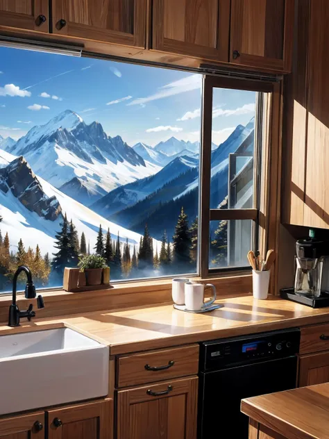 coffee machine in kitchen, mountains outside window