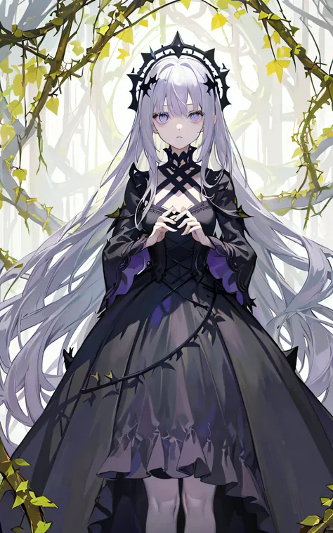 ((masterpiece:1.4, best quality))+, (ultra detailed)+,(ultra detailed eyes)+,
(cute 1girl),15 years old,(violet eyes:1.15),silver hair, very long hair,(wariza:1.2),pale skin,closed mouth,sad,
(She is dressed in a gown made of intertwining vines:1.5),(flat ...