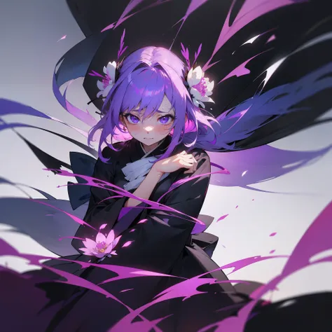 A lonely girl with fluttering white and purple hair、Stood isolated in the black world。A black and purple kimono wraps her delicate body、Abundantly blooming black and purple peony flowers highlight her despair and sadness。There was a flame of anger burning ...