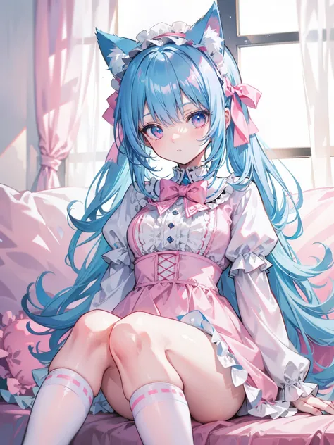 lightblue hair，Cat ears，Pink eyes，Light blue Lolita，White  socks，pink bows，inside in room，sitting in the couch，liveroom