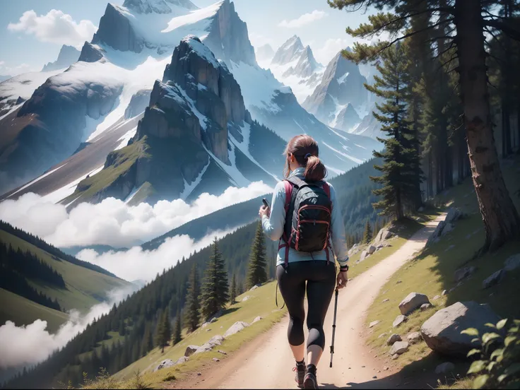 Woman doing photorealistic hike