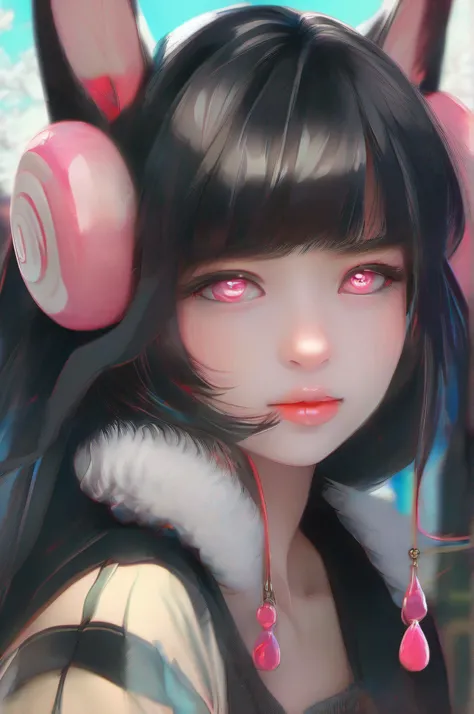 black hair, hair bobbles, wince, longeyelashes, solid circle eyes, fake animal ears, light smile, ear blush, fang, Surrealism, drop shadow, anaglyph, stereogram, tachi-e, pov, atmospheric perspective, 8k, super detail, ccurate, best quality