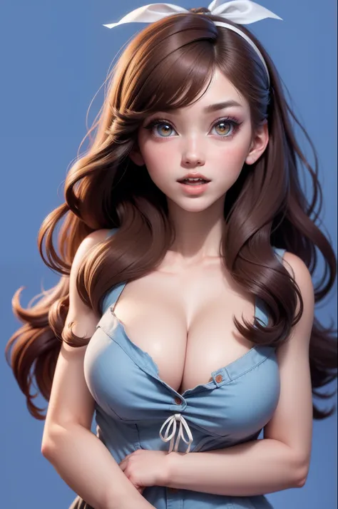 1girl,belle delphine, solo, hair, shirt, looking at viewer, blue background, brown hair, simple background, lips, open mouth, ribbon, hair ribbon, bangs, upper body, parted bangs, black ribbon, nose, gigantic breast, half naked