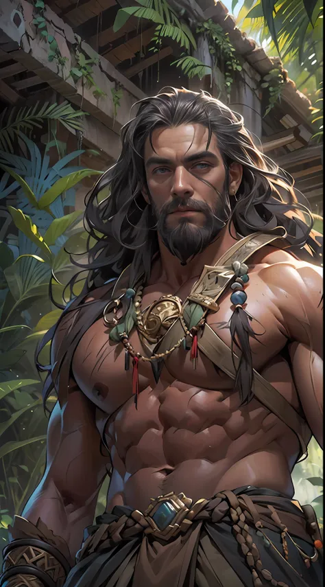 Muscular barbarian, partially  upper body, lower body uncovered from thighs to feet, bearded with beads, long flowing curls, intricate muscular details, photorealistic artwork, 4K quality. Background: Dense jungle with ancient ruins,32k uhd, best quality, ...