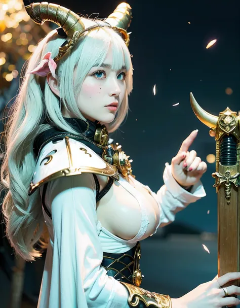 Professional , ​masterpiece、top-quality、photos realistic , depth of fields 、Idle Smile、（White Gemstone Body:1.2),(Matte white with gold pattern、（cleavage of the breast）、Jewel Gold Weapon、Particles of light),Gorgeous gold weapons ,（（ Dragon dense and gorgeo...