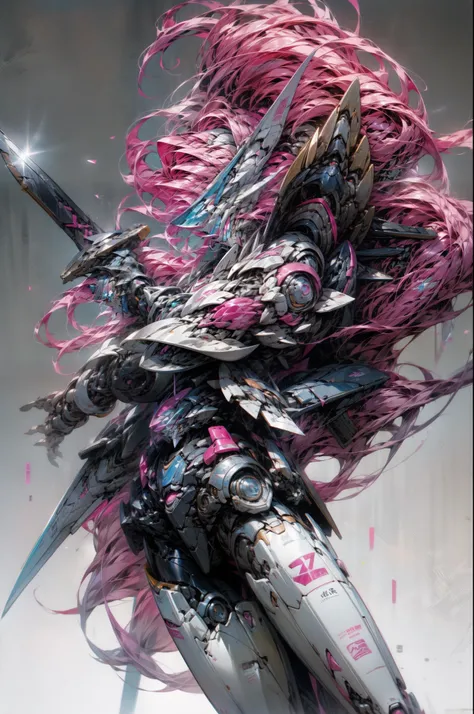 Chinese-style mechs stand next to tall buildings，Pink Long Hair，01，High-quality textures，style of anime，Ultra-clear，8K分辨率，Holding a long knife in one hand，in Pink and white，Use shadows to correct raycasts，Ultra-clear，8K分辨率