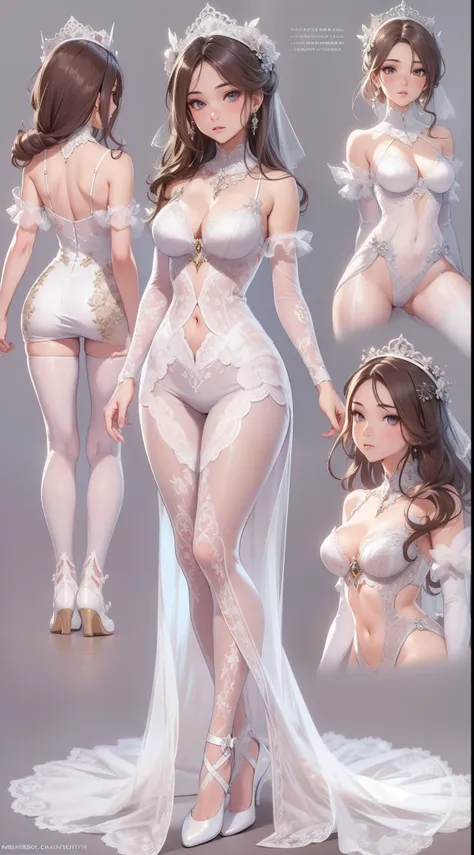 ((Masterpiece, Highest quality)), Detailed face, CharacterDesignSheet， full bodyesbian, Full of details, Multiple poses and expressions, Highly detailed, Depth, Many parts，beuaty girl，lacepantyhose, wedding gown，High Balance, Natural light