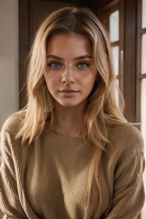 1Girl 18 years old, nur, Lange Haare, midsize boobs, Blick auf den Betrachter, blondes Haar, nackte Schultern, braune Augen, Schmuck, full entire body, Halskette, schulterfrei, pullover, lips, realistisch, Nase, Flirten mit der Kamera