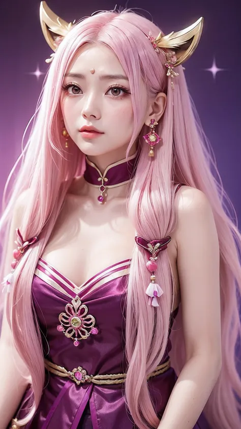 Yae Miko，It gives the feeling of an adult woman，She has pink eyes and crumbs in her eyes，Her long silky pink hair was tied up at the ends，Fox ears, Symbolizes his status as a divine messenger, They are earrings set with purple gemstones all year round...