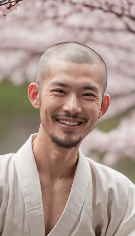 Realistic, Masterpiece, Intricate details, Detailed background, Depth of field, Handsome photo (Japan man), Interesting Ecchus, loincloth, Onsen, Beard, (30 years old), Dynamic pose, cherry blossom,, (Fake smile:0.6), buzz cut,Goatee，Fake smile，laughingly,...