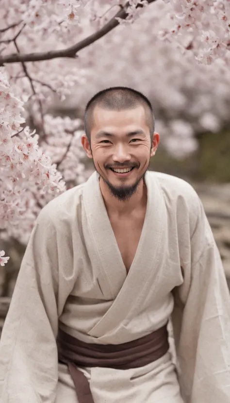 Realistic, Masterpiece, Intricate details, Detailed background, Depth of field, Handsome photo (Japan man), Interesting Ecchus, loincloth, Onsen, Beard, (30 years old), Dynamic pose, cherry blossom,, (Fake smile:0.6), buzz cut,Goatee，Fake smile，laughingly,...