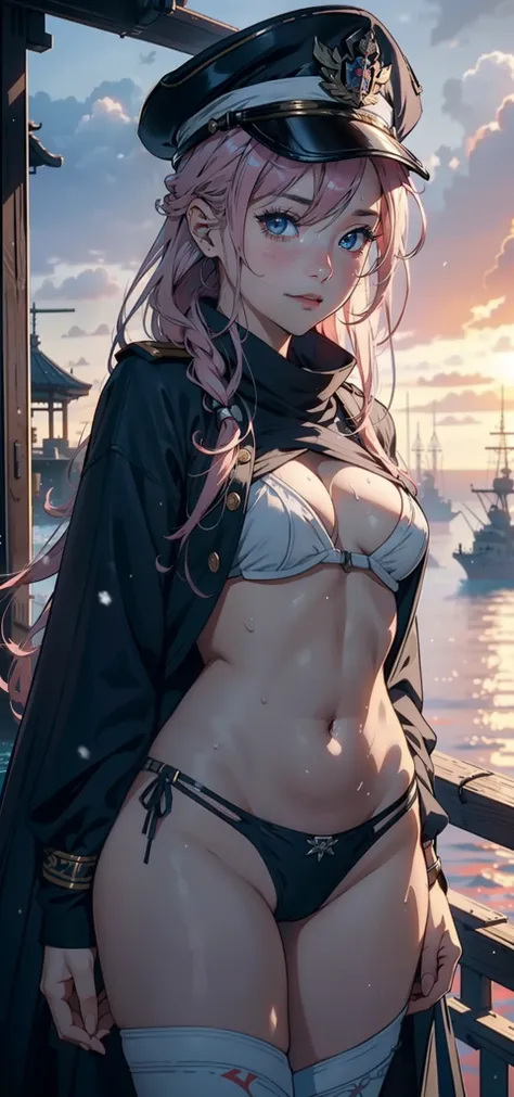 1female，age 5，bit girl，Small loli，smallunderboob， 独奏，（Background with：the sea，ports，warships，snow mountains，at winter season，Snow on the ground，exteriors，） She has long pink hair，Stand on a warship，Sweat profusely，drenched all over the body，seen from the f...