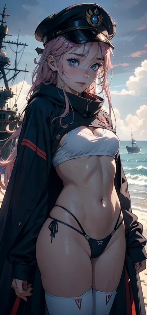 1female，age 5，bit girl，Small loli，smallunderboob， 独奏，（Background with：the sea，ports，warships，snow mountains，at winter season，Snow on the ground，exteriors，） She has long pink hair，Stand on a warship，Sweat profusely，drenched all over the body，seen from the f...