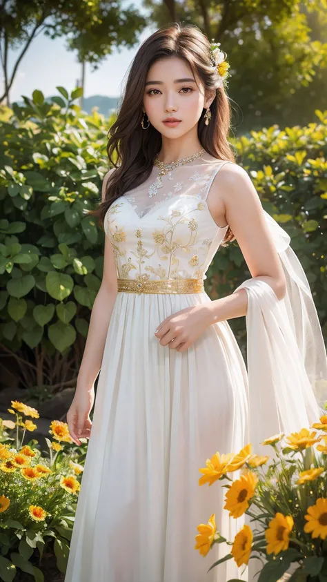 There is a young one, 20 years old ((Masterpiece Best Quality 4K)) Ultra photo realsisim, Golden Twilight, Multi-colored natural flowers, White silk wedding dress, Background floral portal, Depth of field, Brown hair, suns rays, oriental girl, Black eyes, ...