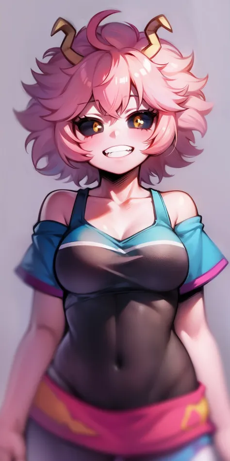 mina ashido, 1girl, solo, breasts, short hair, medium breasts, shirt, white background, collarbone, yellow eyes, upper body, pin...