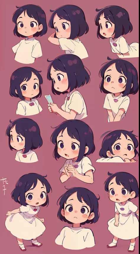 cute little girl s, multiple poses and expressions, character sheet, ghibli style, 児童書, illustratio