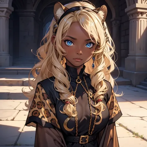 Dark Skin girl. Leopard girl. Blue eyes. Blond hair. Dark skin girl. Medieval art. Curly Hair. Curly Blond Hair. Alone. DARK SKIN. Leopard Ears. Kid