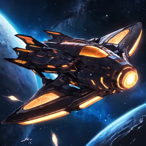 spaceship with two wings flying in the sky at night, dark ( spaceship ), scifi spaceship, cartoon fantasy spaceship, futuristic spaceship, alien space ship flying in space, spaceship far on the background, spaceship in dark space, futuristic starship, spac...