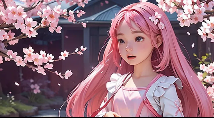 photoRealstic、Doll standing in front of the painting、bionde、Yawning face、Sengai、pixiv、rokoko、dollfie dream、watercolor Nendoroid、(High Definition Figure)、flowing sakura-colored silk、nendroid、bustup、Cherry blossom petals、Flowing cherry blossom silk、season!!:...