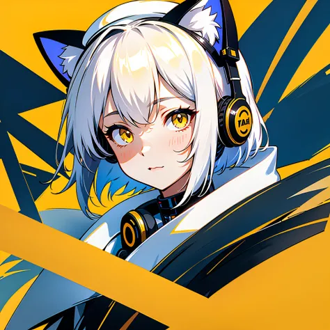 1girll，sportrait，sideface，with short white hair，delicated face，adolable，Yellow eyes，With a plush hat with cat ears on his head，High-tech headphones around the neck，Pure background，extreme picture quality，超高分辨率，Best quality