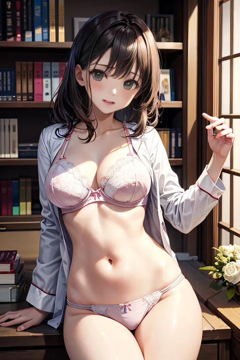 (obra prima、qualidade superior)、NSFW、1 girl in Japan、s Pijamas、Fio dental branco sem costura、White shelf bra、quarto、、Durma bem de costas、