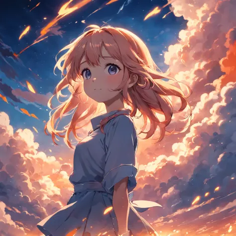 masterpiece, best quality, movie still, 1girl, cloud girl, floating in the sky, close-up, bright, happy, warm soft lighting, sunset, (sparks:0.7)